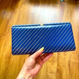Vintage 80s Navy Blue & Gold Nautical Striped Hard Shell Snap Top Clutch Handbag